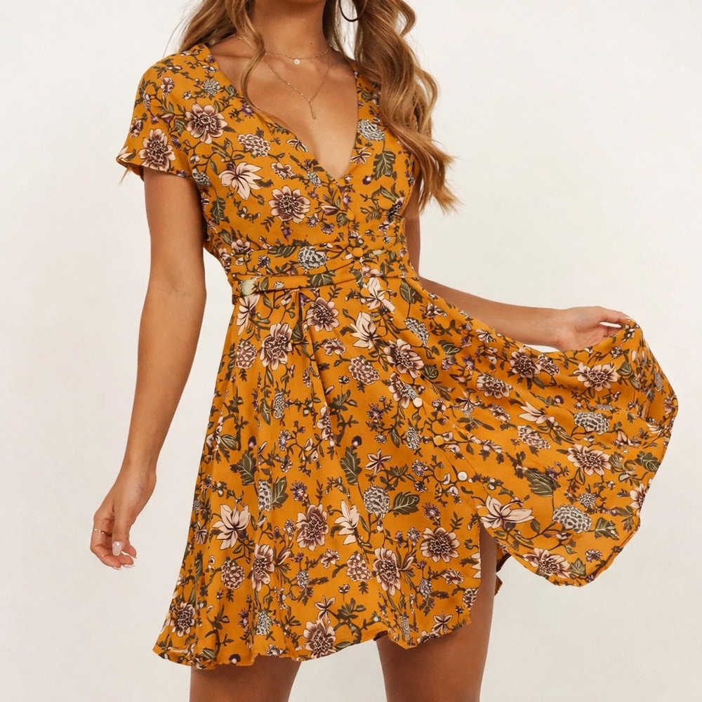 Showpo Deep Wide Ocean Floral Dress | Mustard Yellow | Plus Size 16